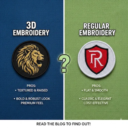 A split comparison of 3D embroidery and regular embroidery.