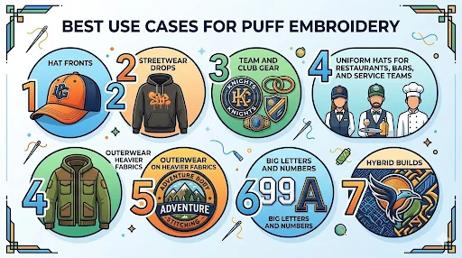 An infographic explaining best uses for Puff Embroidery.