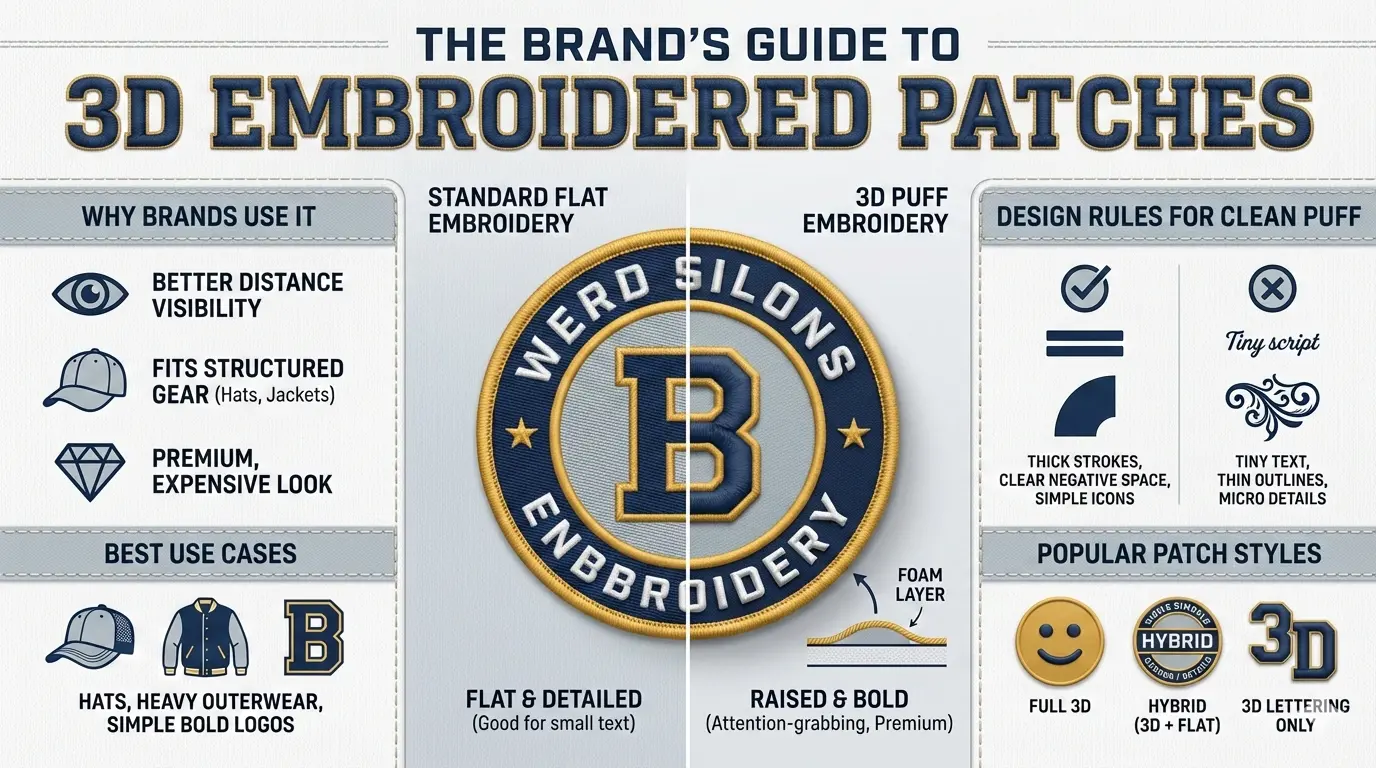 Infographic guide comparing standard flat embroidery versus 3D puff embroidery patches, detailing brand benefits and design rules.