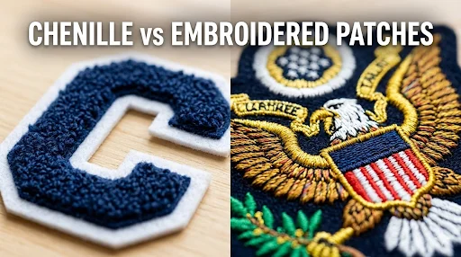 A split comparison visual showing chenille at one side and embroidered patch on other.