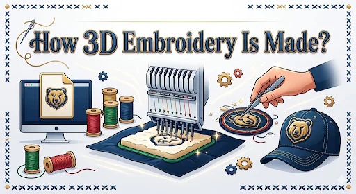 A visual with text showing how 3D embroidery is made.