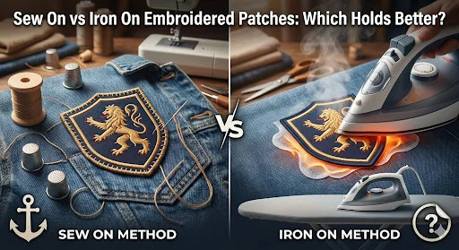 A split comparison visual showing sew on and iron on embroidered patches.